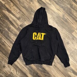 CAT Caterpillar Fleece Pullover Hoodie Work wear Men's Large Black Embroidered